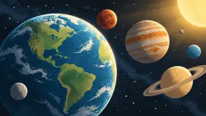 A large Earth-like planet fills the foreground, with a rocky red planet, a striped gas giant, a ringed planet, small moons, and the bright Sun farther away.
