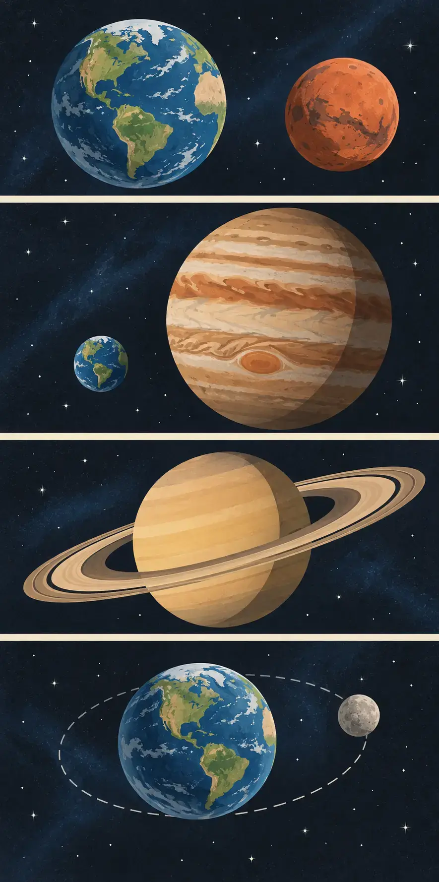 Earth and Mars shown as rocky planets, Jupiter much larger than Earth, Saturn with large rings, and a moon moving around a planet.
