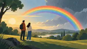 A large rainbow stretches across the sky over green hills as warm sunlight shines from one side and rain falls from dark clouds on the other. Two people stand in the foreground looking at the rainbow.
