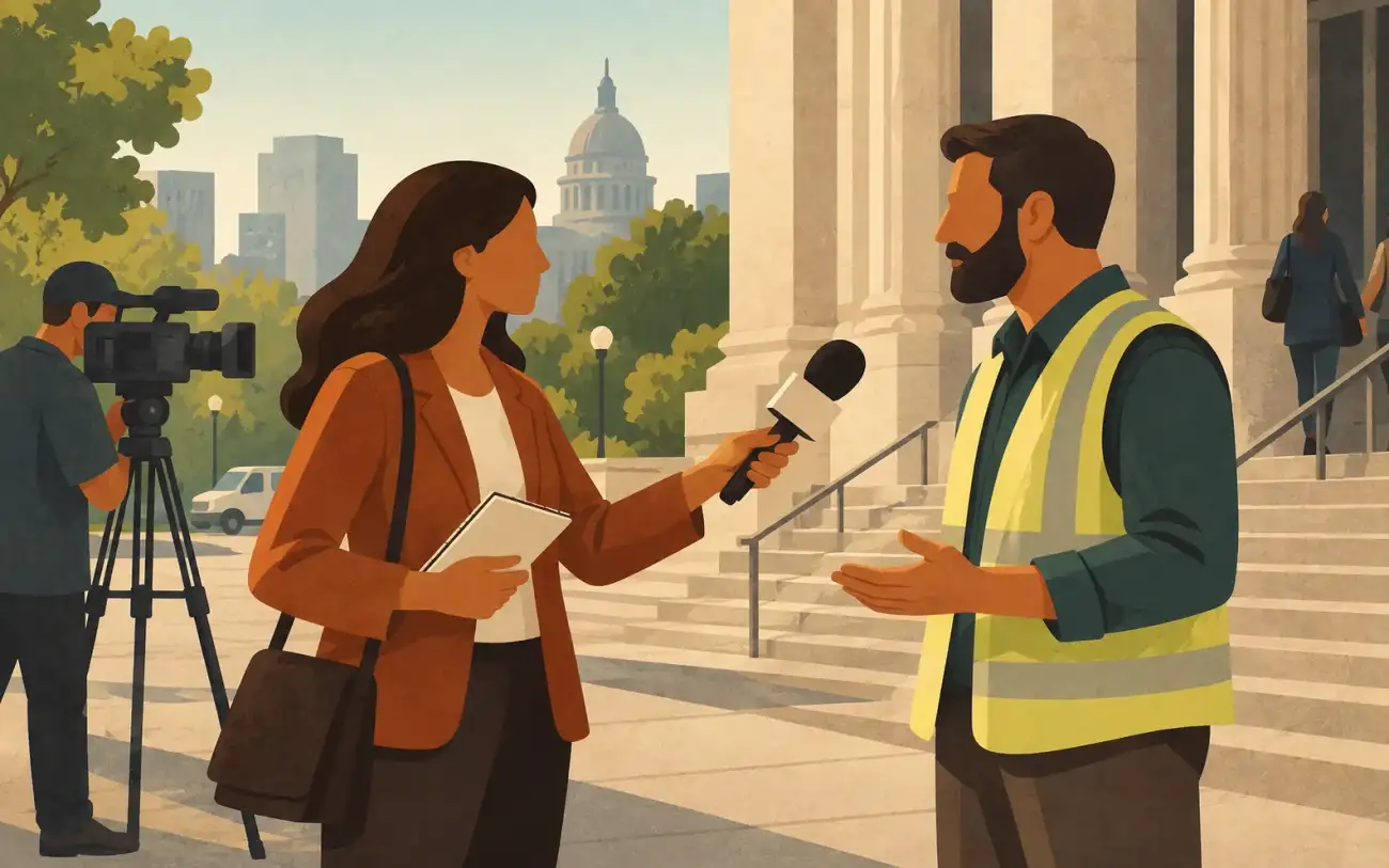 A reporter interviews a worker outside a public building, holding a microphone and notebook while a camera operator films nearby.