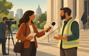 A reporter interviews a worker outside a public building, holding a microphone and notebook while a camera operator films nearby.