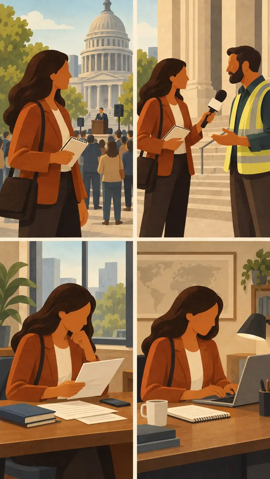 A reporter appears in four scenes: watching a public event, interviewing a man on building steps, checking papers at a desk, and writing a story on a laptop.