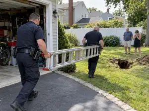 Two uniformed police officers carry a long ladder across a suburban yard toward a large hole in the grass as two residents watch nearby.