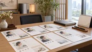 A tidy office desk holds several printed profile sheets with portrait photos, beside a calendar, pen, and closed binder.