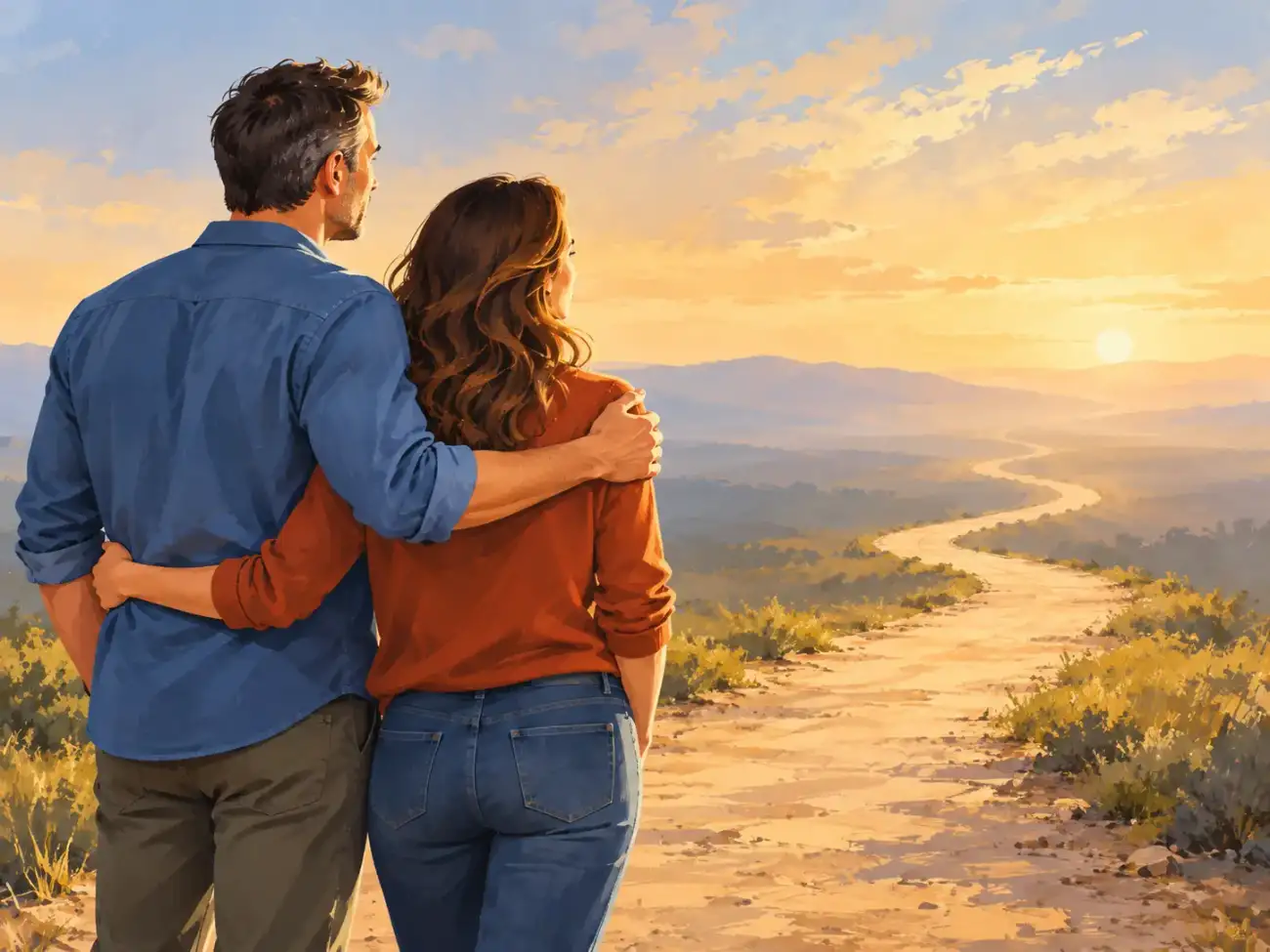 Illustration of a man and woman seen from behind, with their arms around each other, looking toward a low sun over hills and a winding dirt path.