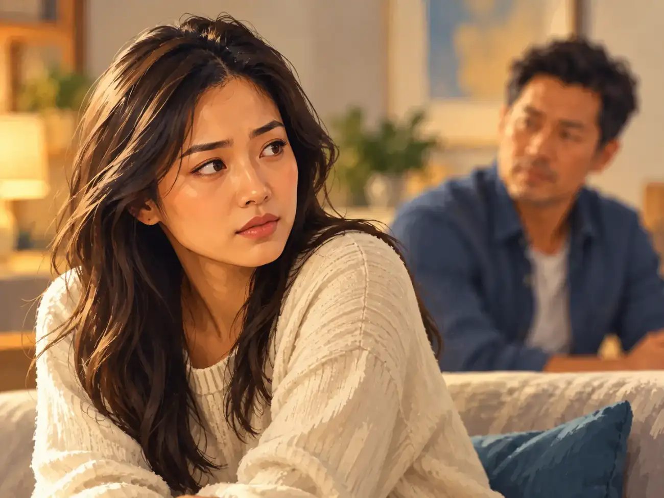 A woman in a cream sweater sits in the foreground on a sofa, looking sideways with slightly drawn brows. Behind her, a blurred man in a blue shirt looks toward her in a warmly lit room.