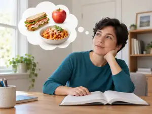 A person sits at a desk with an open book, resting their head on one hand and looking toward a thought bubble showing food.