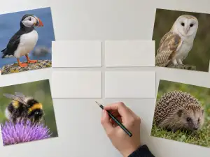 Pictures of a puffin, barn owl, bumblebee and hedgehog surround four blank cards on a table, with a hand holding a pencil below.