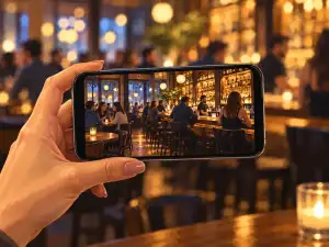 A hand holds a smartphone horizontally in a warmly lit bar. The screen shows people seated at tables and the bar counter, with shelves of bottles behind them.