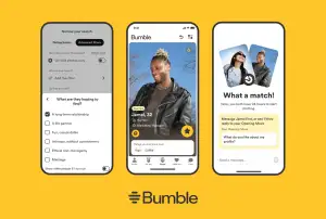 Bumble graphic showing three phone screens with dating filters, a user profile and a match notification on a yellow background.