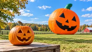 A carved pumpkin sits on a wooden table, with a giant inflatable jack-o’-lantern standing in a grassy field behind it.