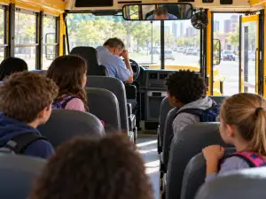 Inside a yellow school bus, children look toward a driver leaning forward with one hand against his forehead. The front door is open.