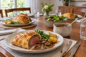 A dining table set with beef Wellington, potatoes, green beans and mushroom sauce, with one pastry cut open to show pink beef inside.